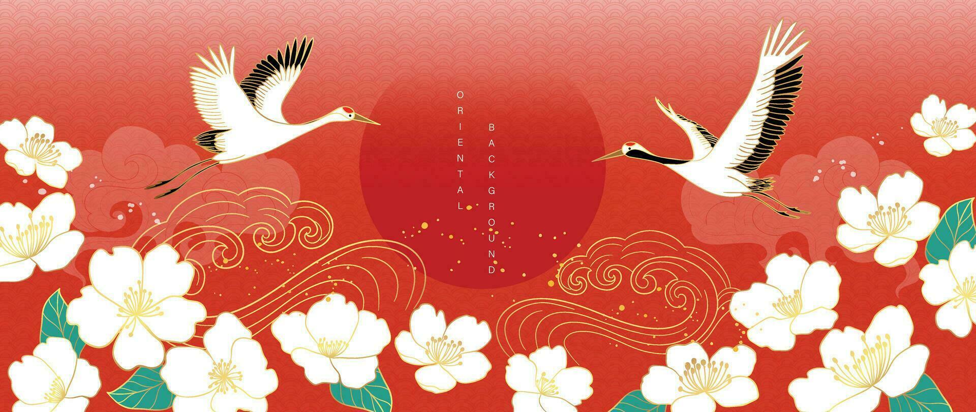 vector de fondo de estilo oriental dorado de lujo. diseño de patrón de papel pintado chino y japonés de elegantes pájaros de grúa y flores con textura de línea dorada. ilustración de diseño para decoración, decoración de paredes.