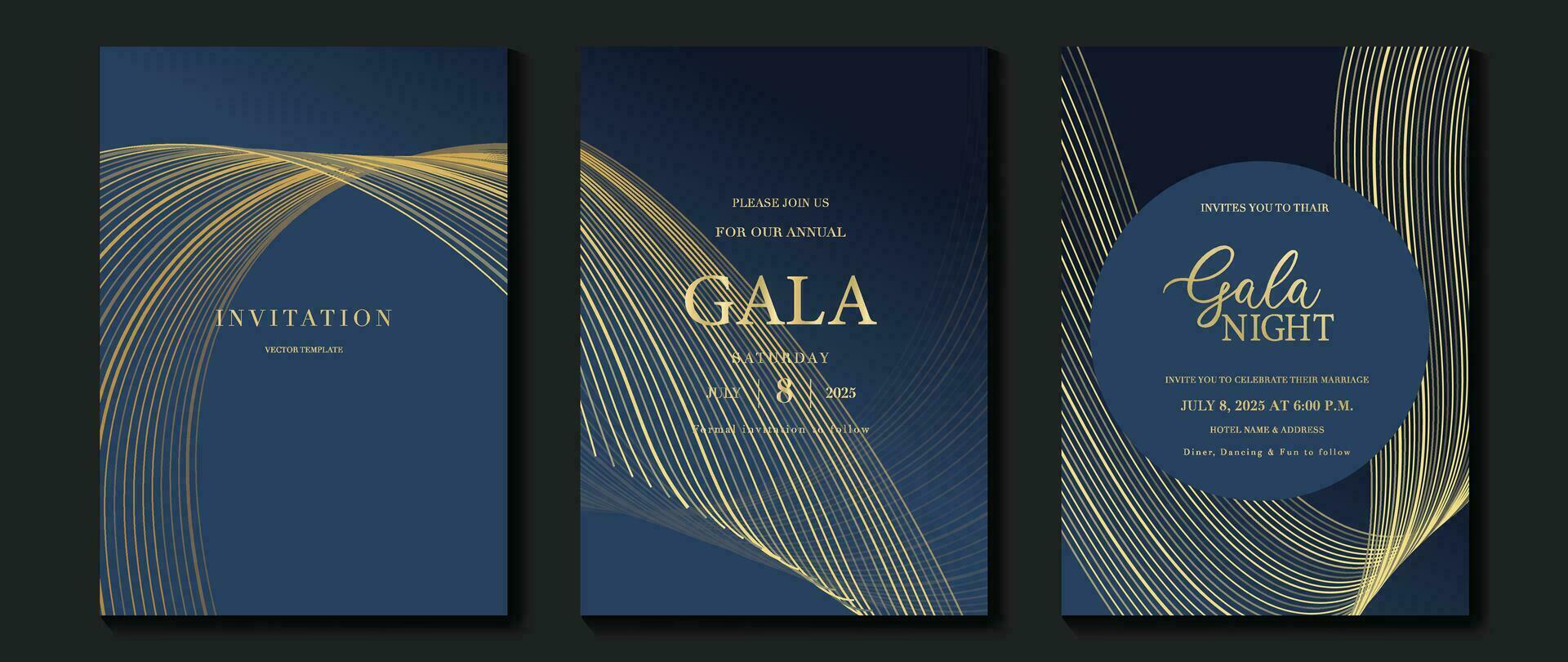 Luxury invitation card background vector. Golden curve elegant, gold line gradient on dark blue color background. Premium design illustration for gala card, grand opening, party invitation, wedding. vector