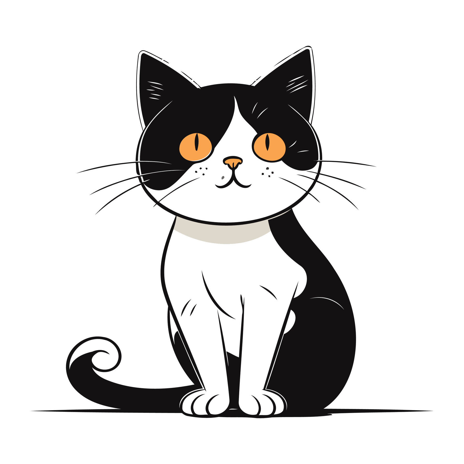 Cute cartoon black and white cat. Vector illustration isolated on white