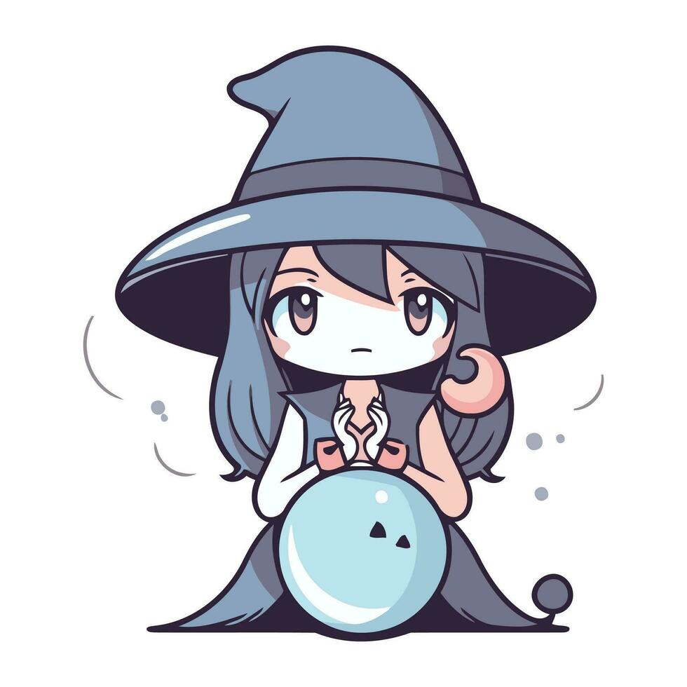 Illustration of a cute little witch with a magic ball. Vector. vector