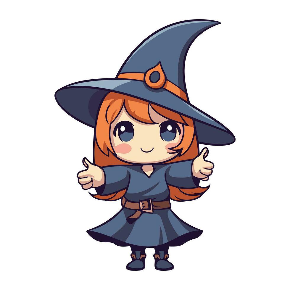 Cute little girl in a witch costume. Vector cartoon illustration.