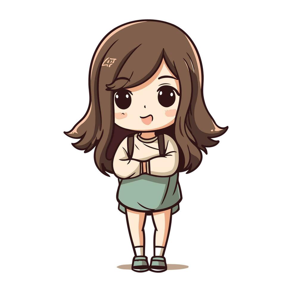 Cute little girl with long brown hair. Cartoon vector illustration.