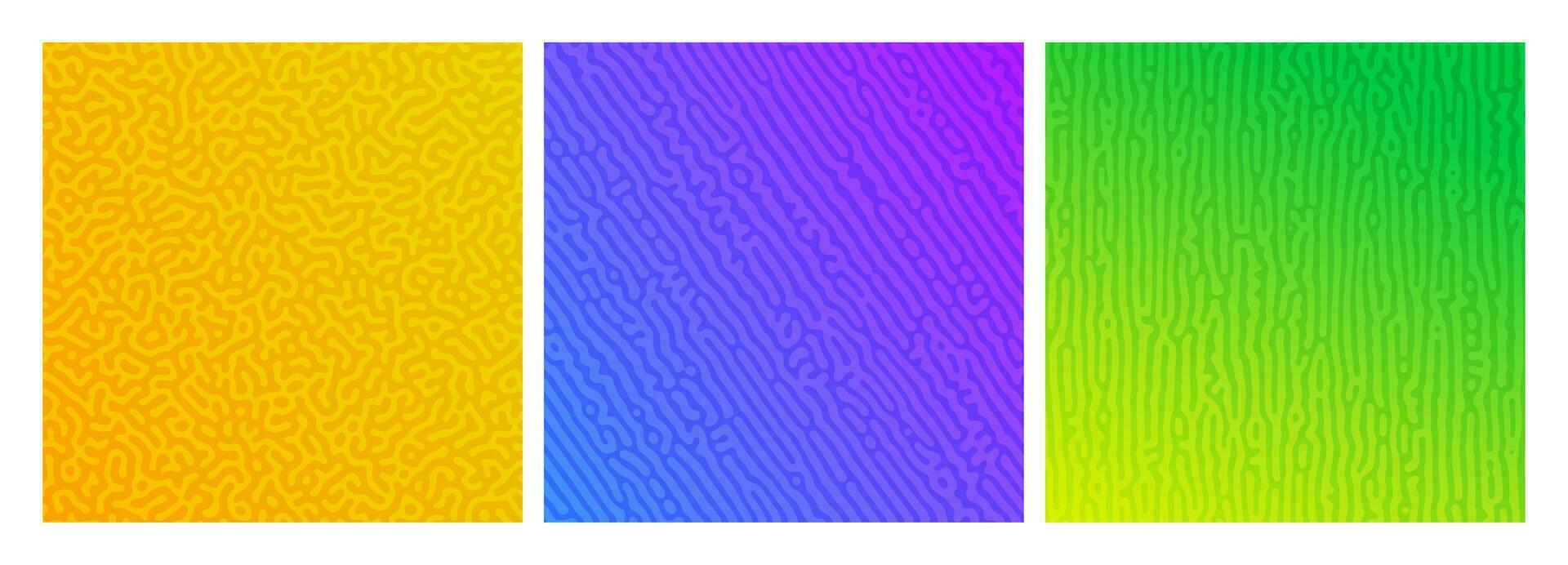 Set of three colorful turing reaction gradient backgrounds. Abstract diffusion pattern with chaotic shapes. Vector illustration.