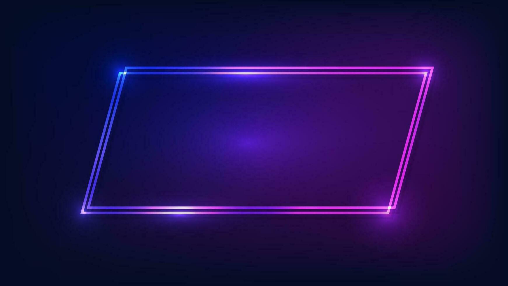 Neon double quadrangle frame with shining effects on dark background. Empty glowing techno backdrop. Vector illustration.