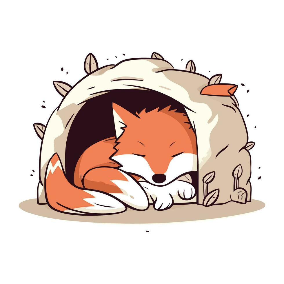 Cute fox sleeping in the doghouse. Vector illustration.