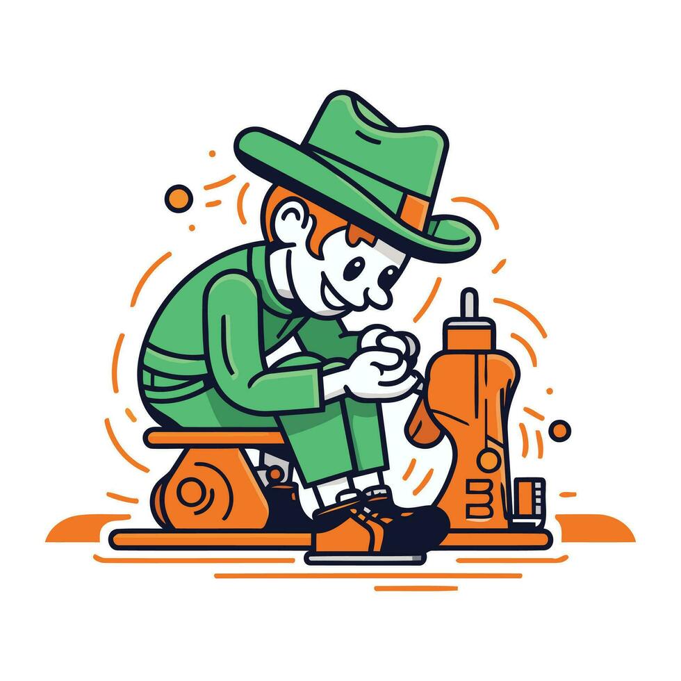 Fisherman in hat and boots sitting on the table. Vector illustration.