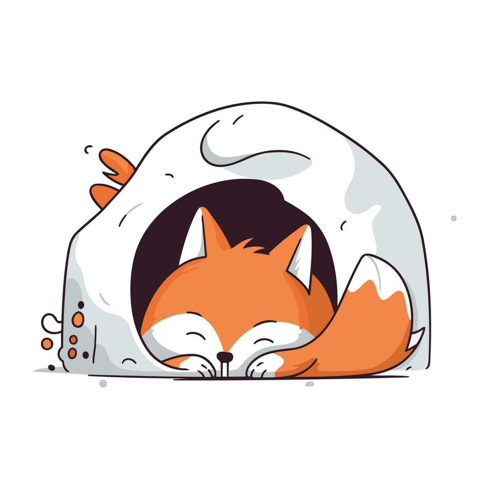 Cute fox sleeping in a cat house. Vector cartoon illustration.