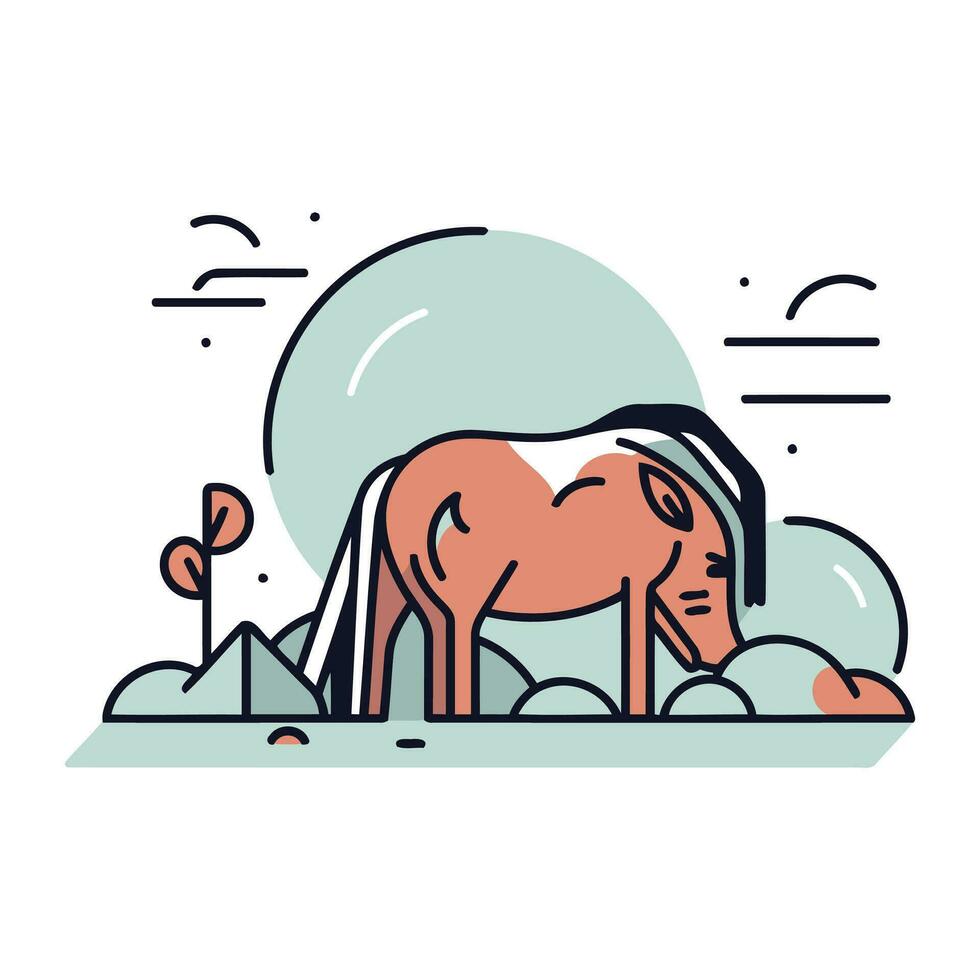 Horse in the desert. Vector illustration in flat linear style.