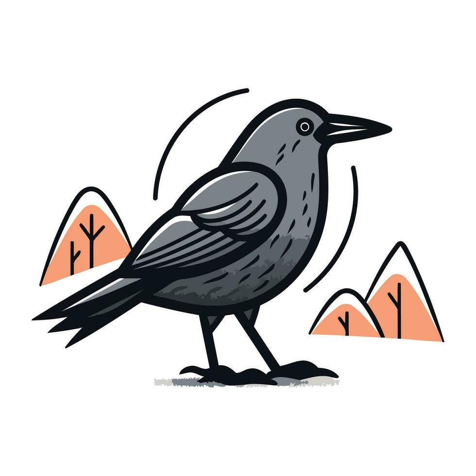 Crow on the background of mountains. Vector illustration in cartoon style.