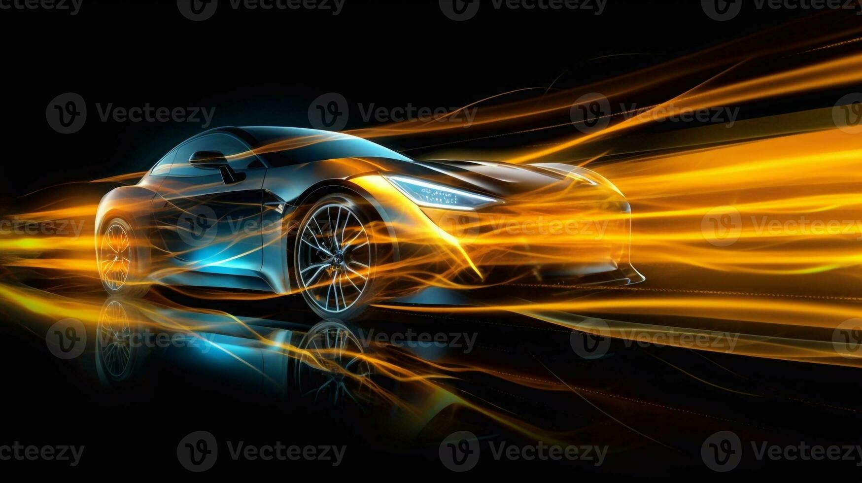 Speeding Sports Car On Neon Highway. Powerful acceleration of a supercar on a night track with colorful lights and trails. 3d render Generative AI photo