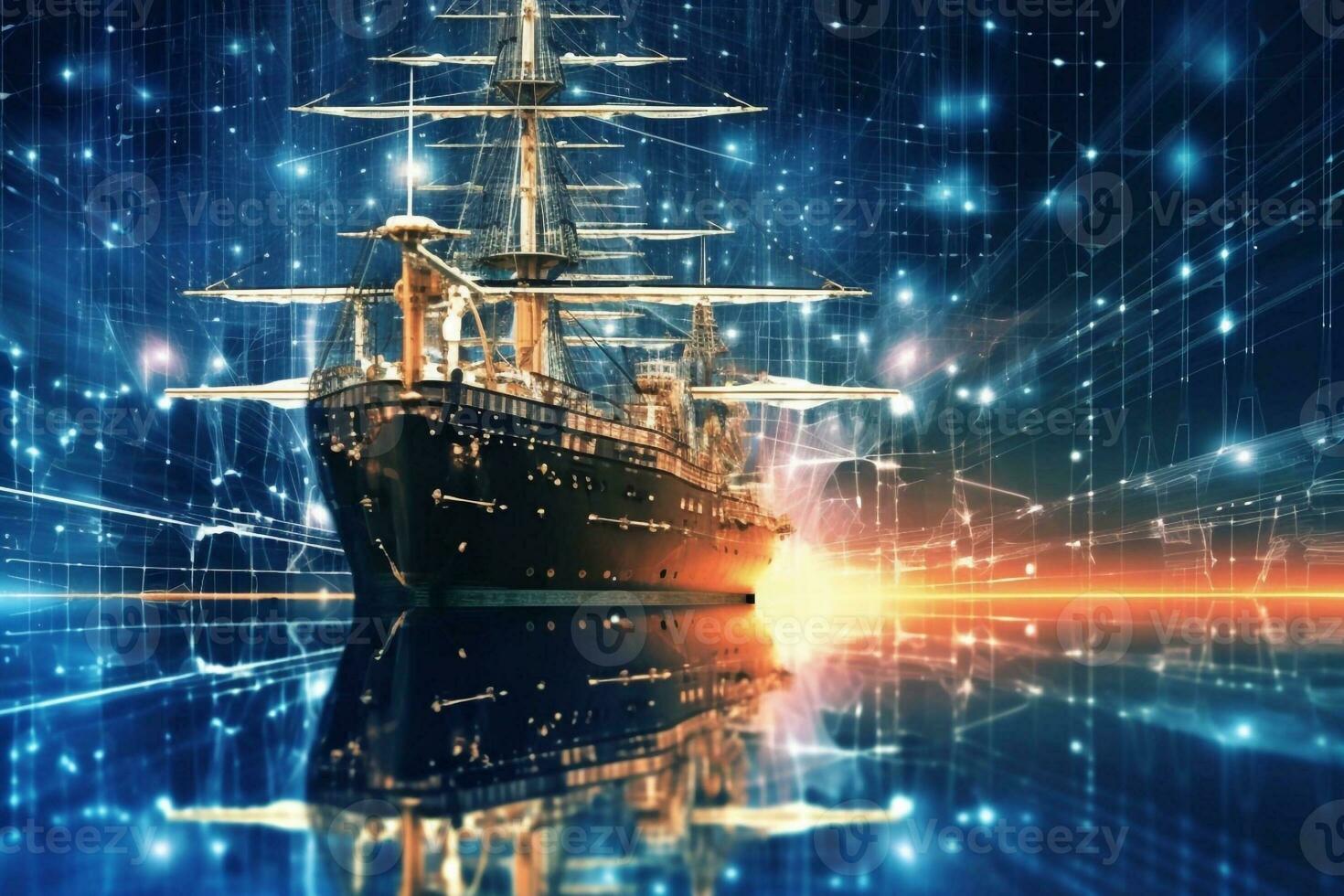 Abstract low poly 3d cargo ship isolated in dark blue background. Container ships, transportation, logistics or international shipping concept. Digital mesh illustration looks like Generative AI photo