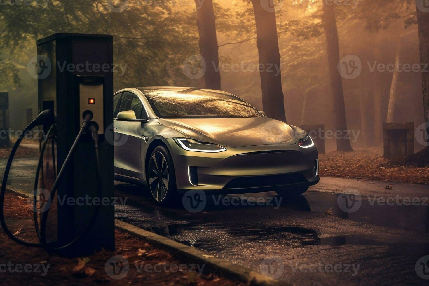 EV Car or Electric vehicle at charging station with the power cable supply plugged in on blurred nature with blue enegy power effect. Ecofriendly sustainable energy concept. Generative AI photo