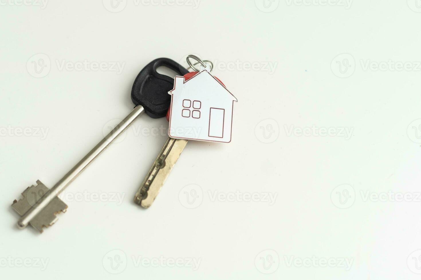 key chain with house symbol and keys on white background, Real estate concept photo