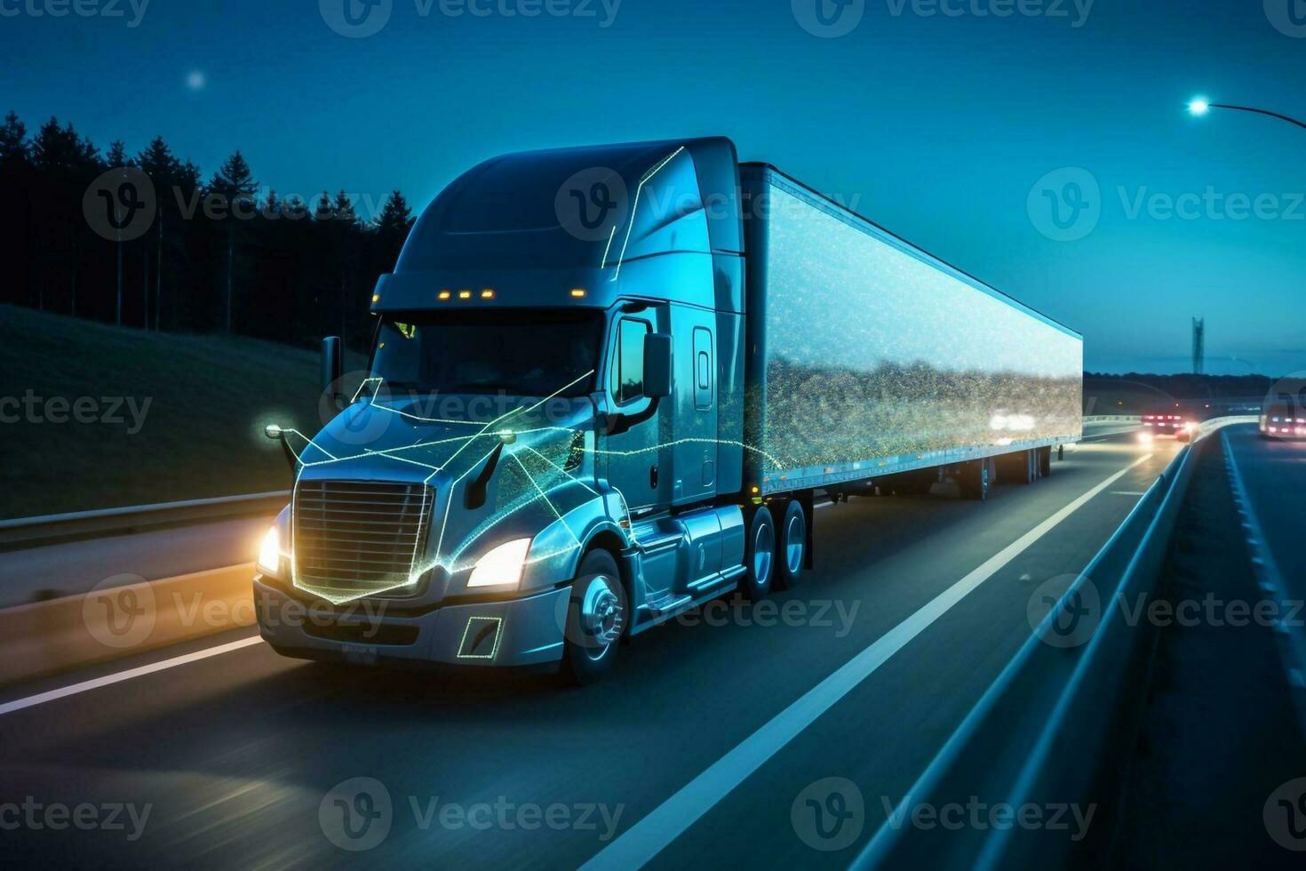 futuristic truck with a trailer is driving along a night road. 3D rendering Generative AI photo