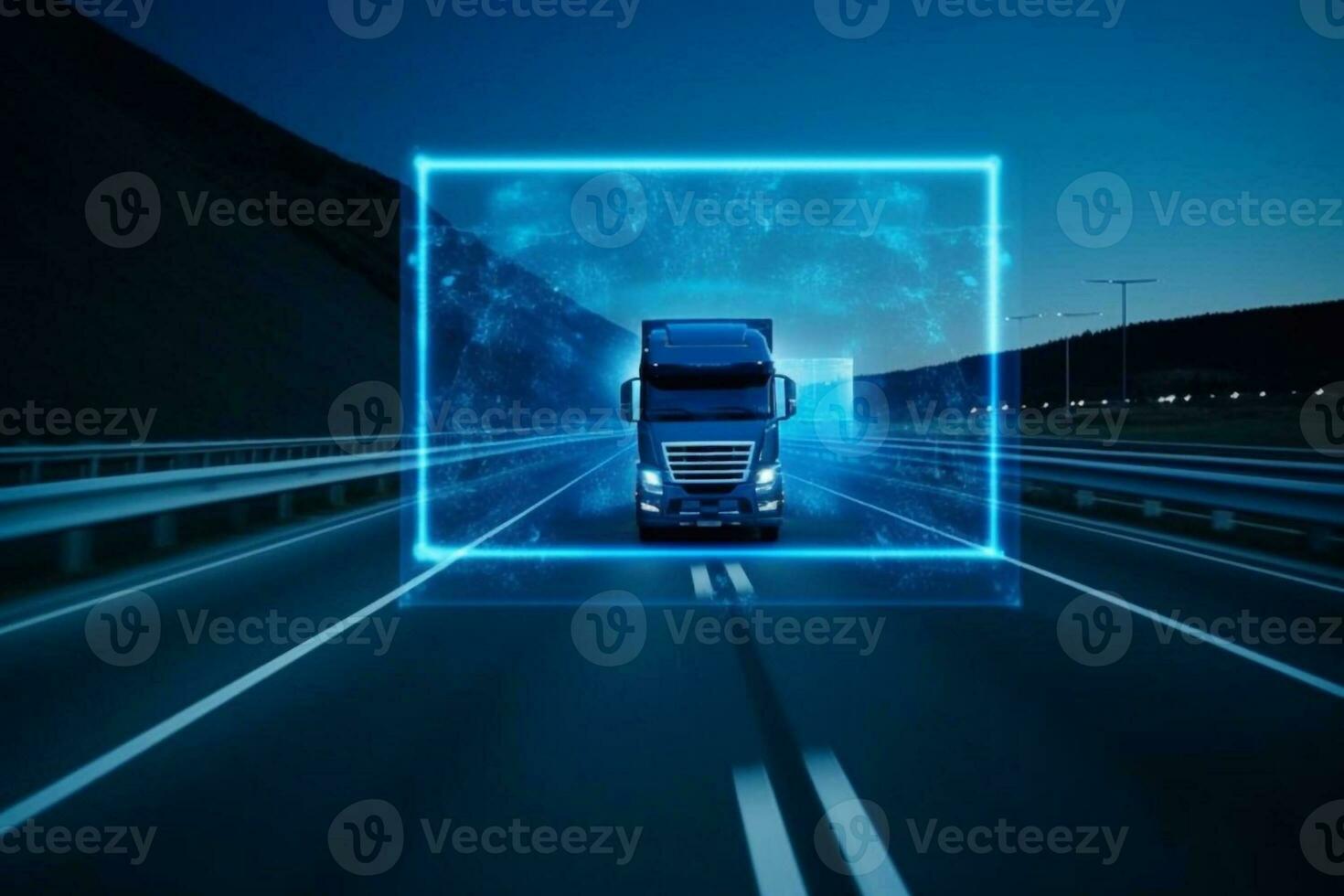 futuristic truck with a trailer is driving along a night road. 3D rendering Generative AI photo