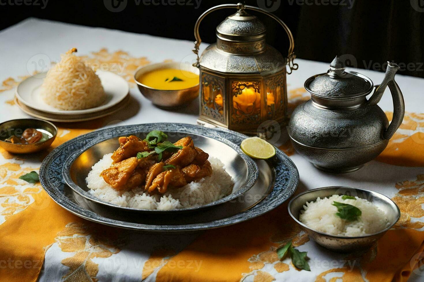 a table setting with Indian food and a lantern. AI Generative photo