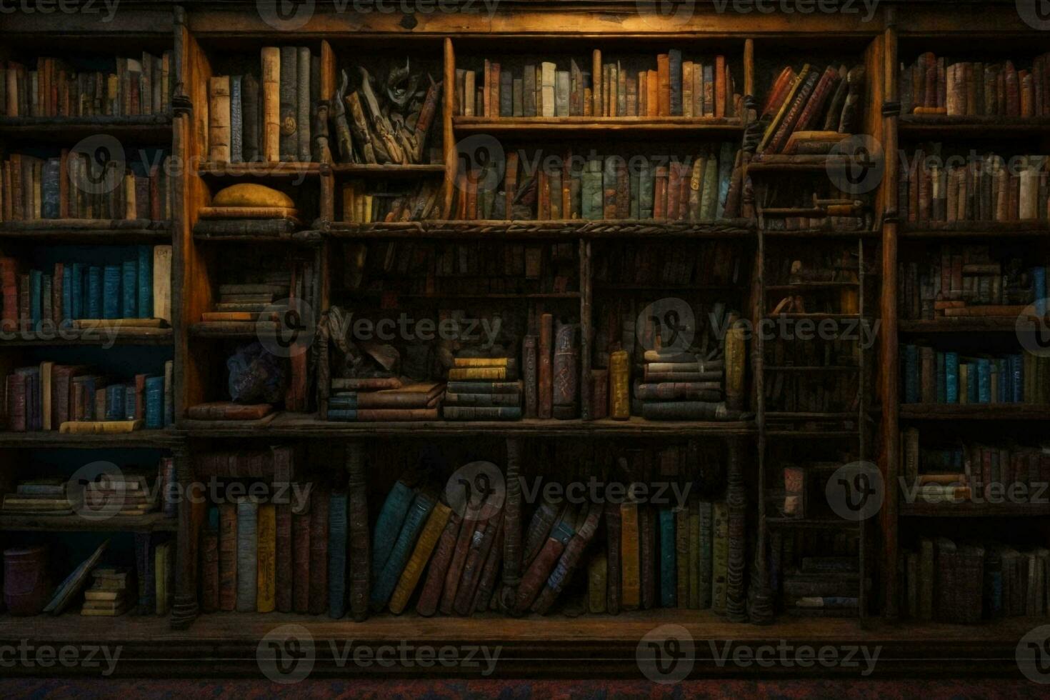 a bookshelf with many old books. AI Generative photo