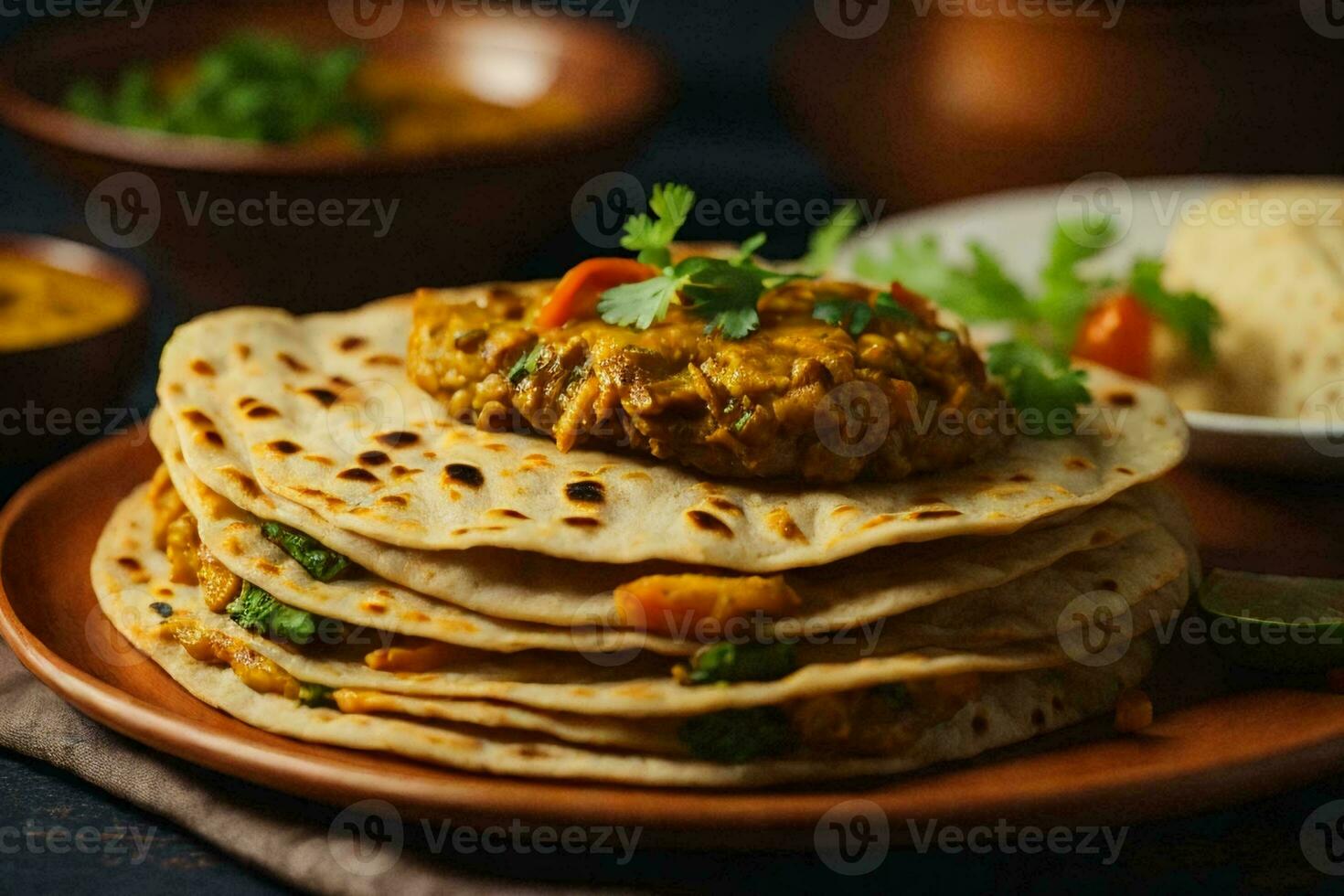 closeup shot of paratha with vegetable curry, freshly cooked. AI Generative photo