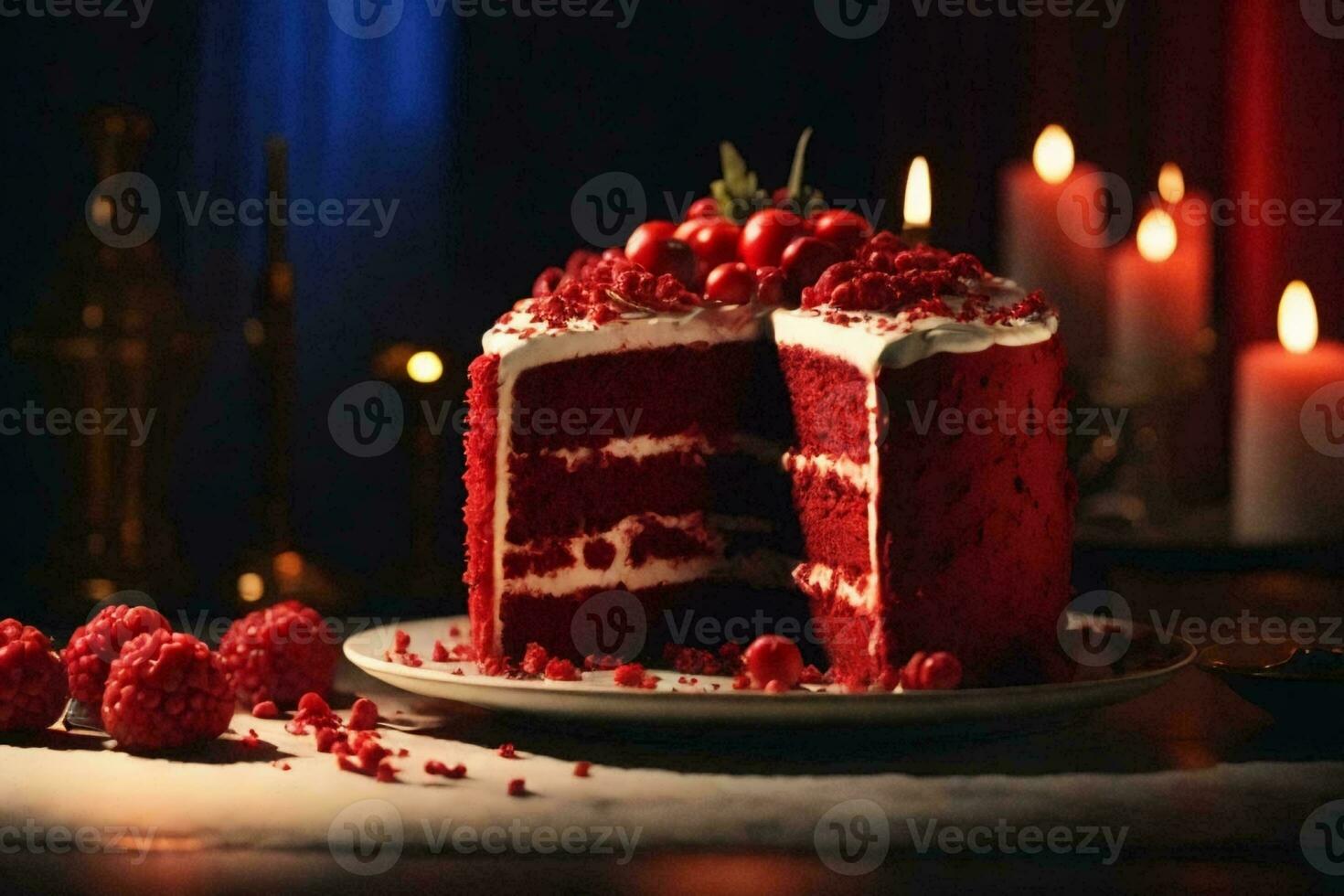 Red velvet cake with fresh strawberries. AI Generative photo