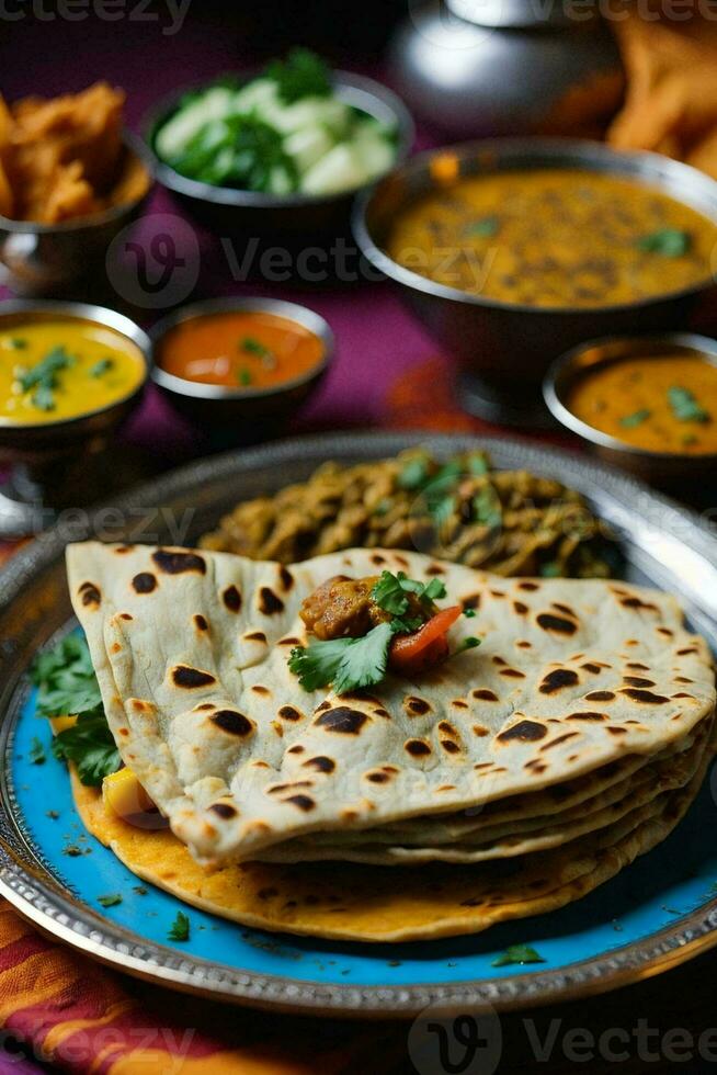 closeup shot of paratha with vegetable curry, freshly cooked. AI Generative photo