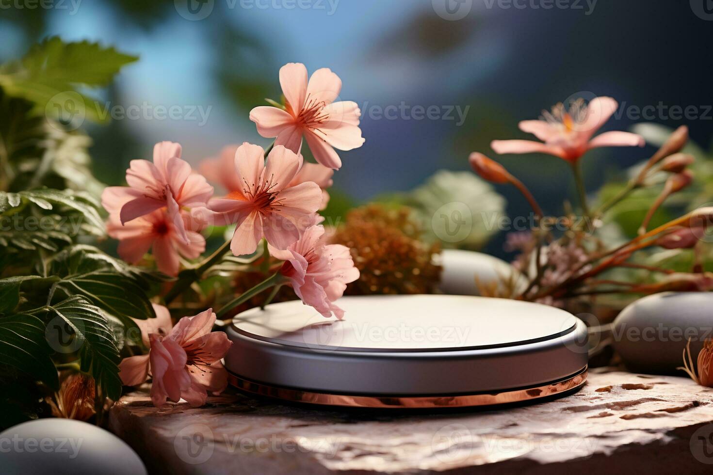 Decorative plaster podiums with flowers AI Generative photo