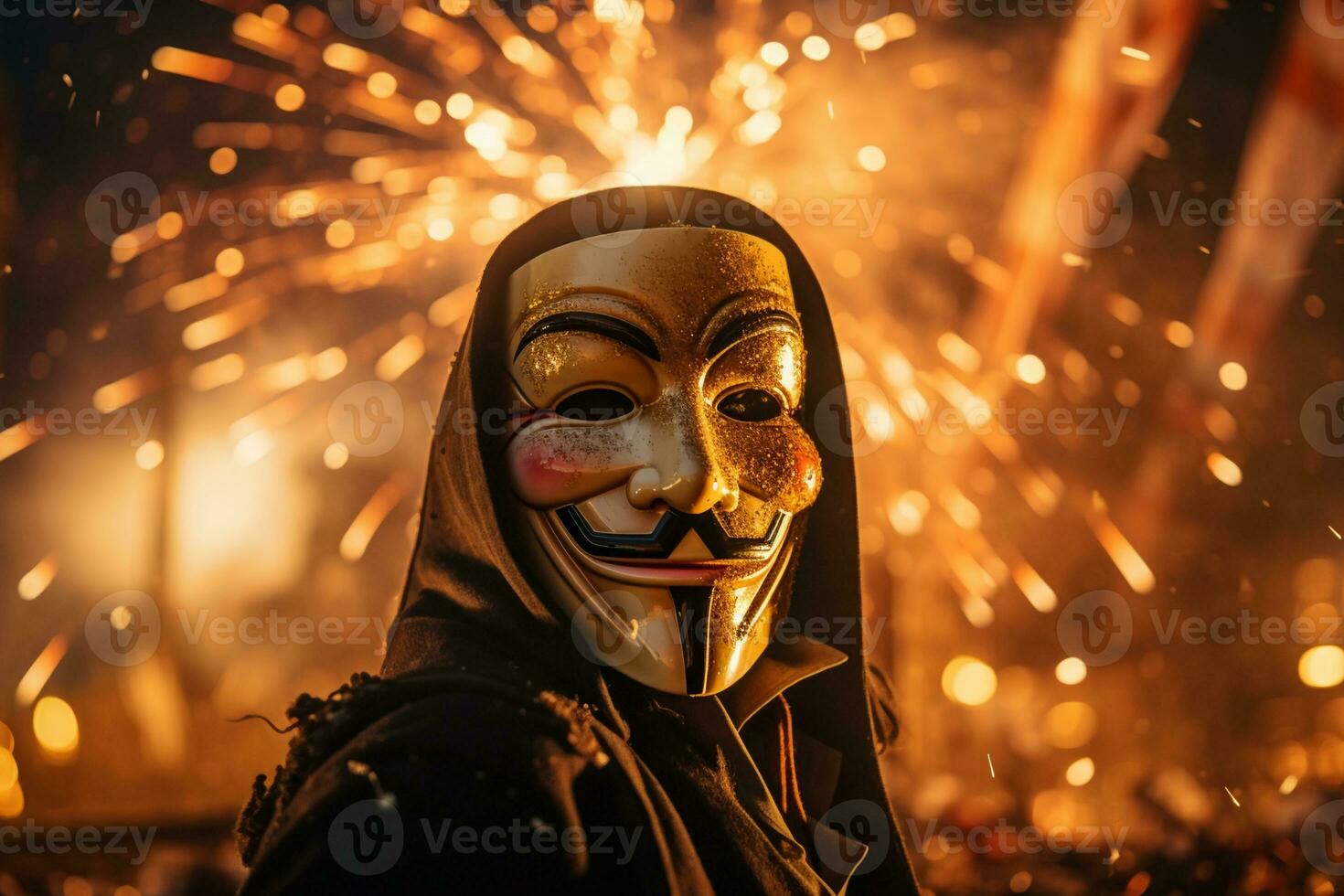 a Guy Fawkes mask,highlighted by the dancing light. AI Generative photo