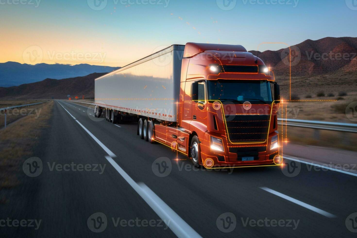 futuristic truck with a trailer is driving along a night road. 3D rendering Generative AI photo