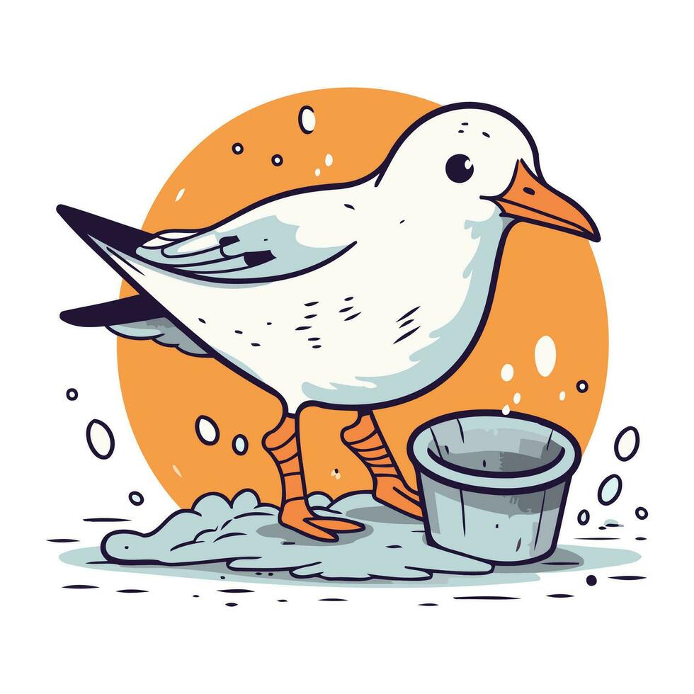 Gaviota y Cubeta de agua. vector ilustración en dibujos animados estilo.