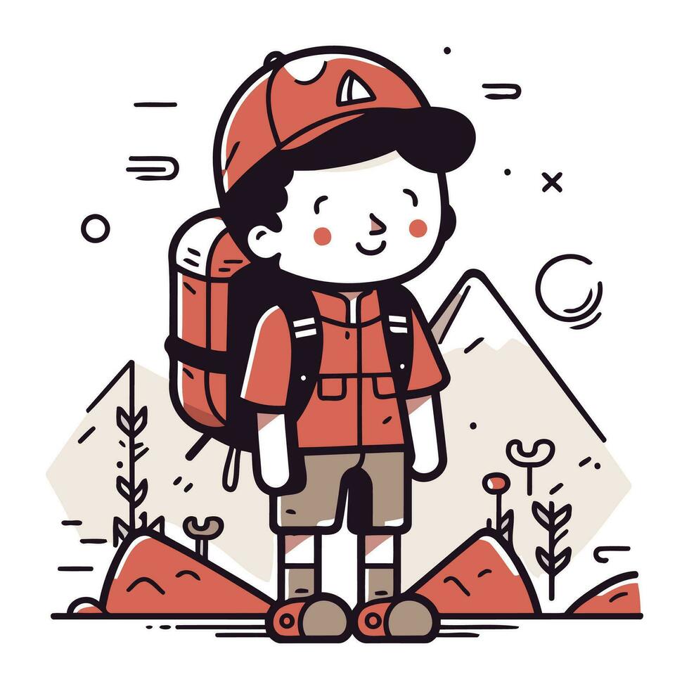 Cute little boy with backpack hiking in mountains. Vector illustration.