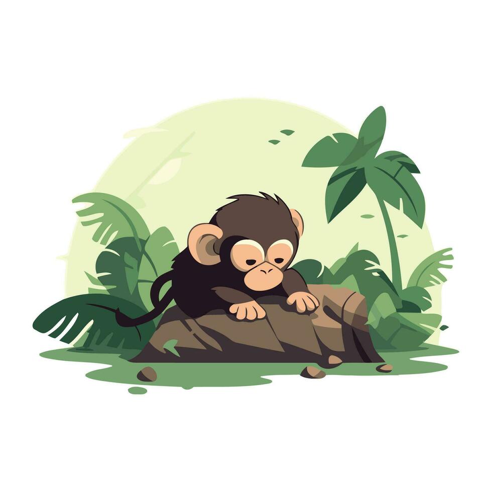 Cute monkey sitting on the rock in the jungle. Vector illustration