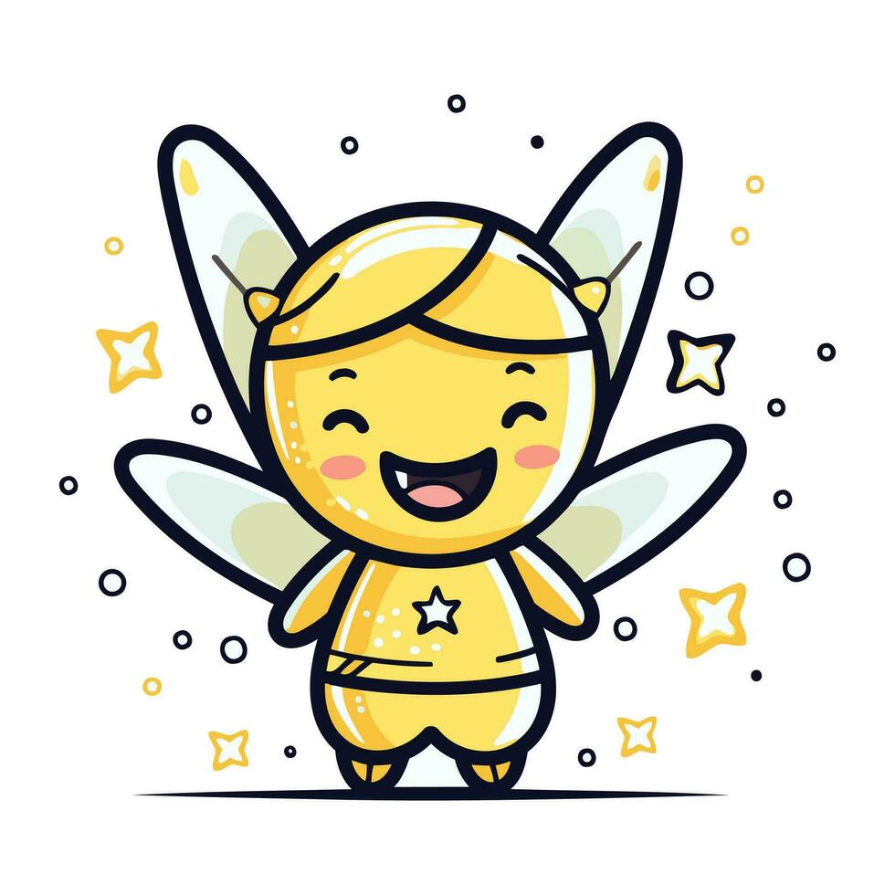Cute cartoon vector illustration of a little bee holding a star.