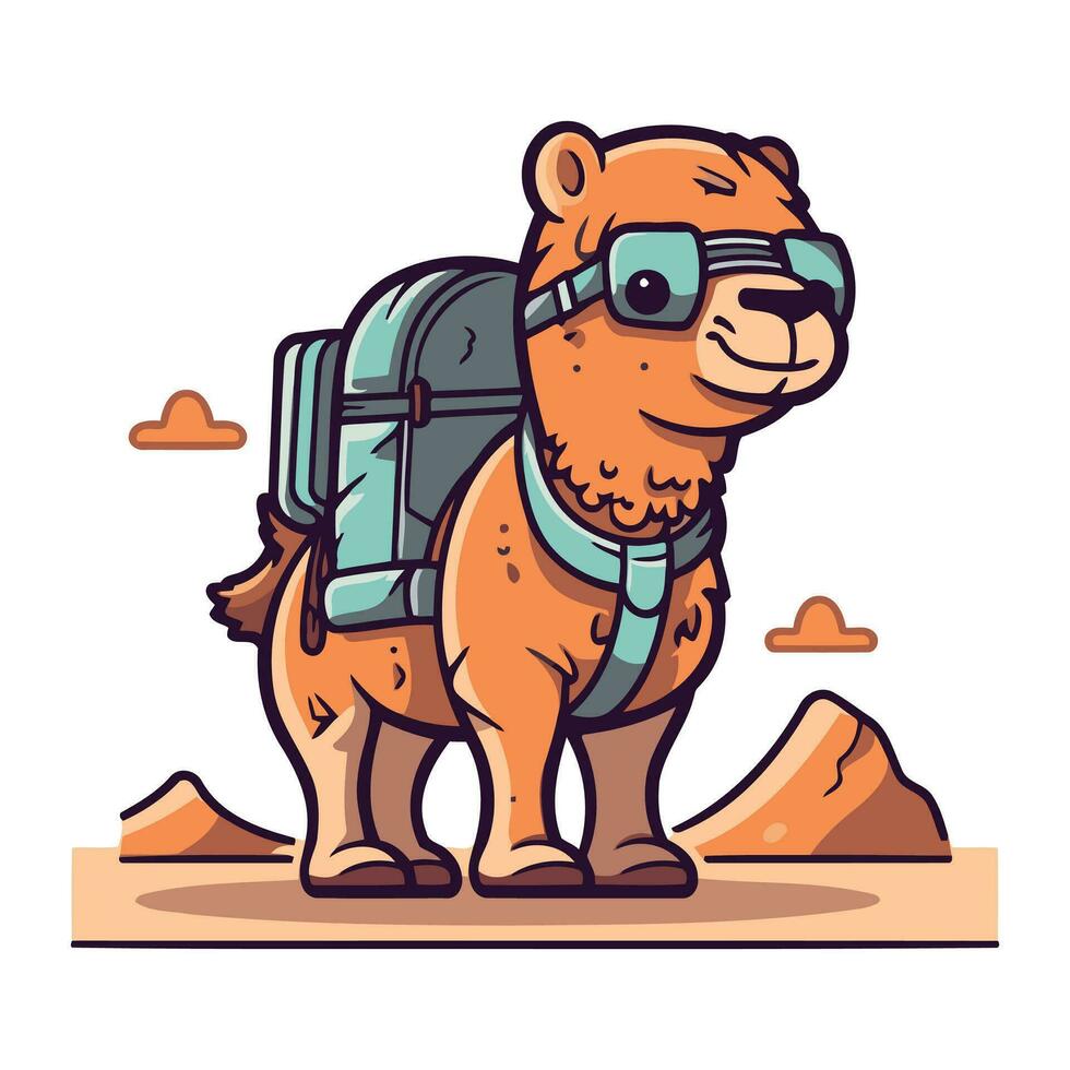 Cute camel with a backpack. Vector illustration in cartoon style.