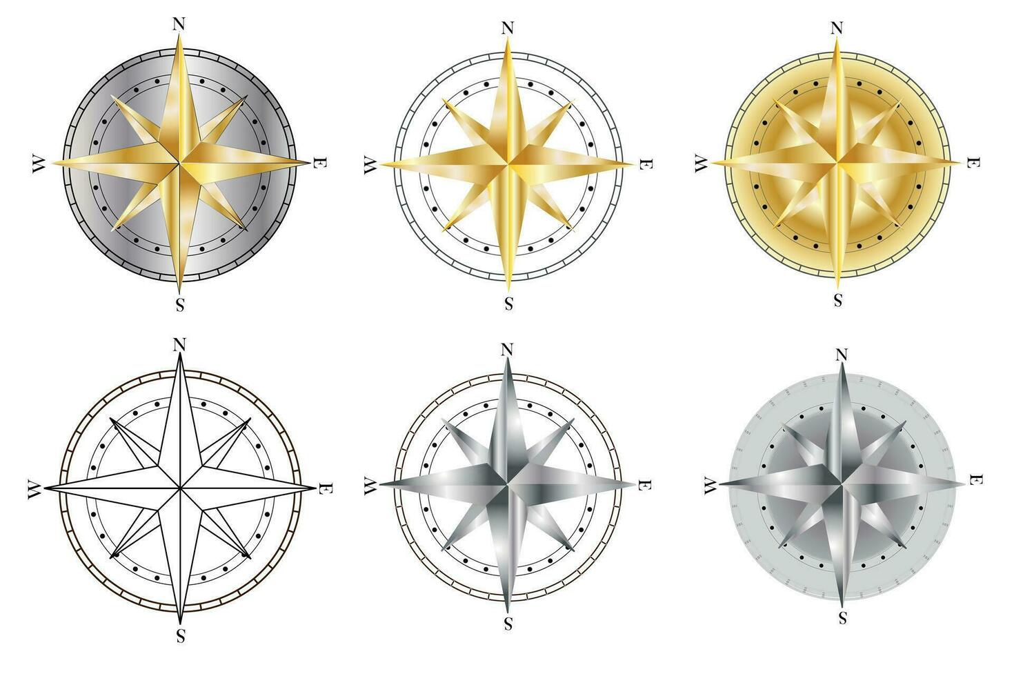 Compass icons set. Compass rose sign. Windrose symbol. Nautical wind rose icon. Vintage compass. Compasses for travel map. Navigation arrow symbols. vector
