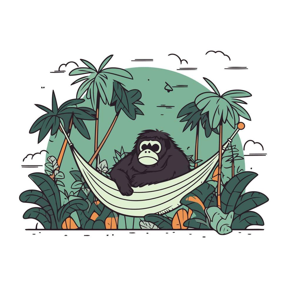 gorila en un hamaca en el selva. vector ilustración.