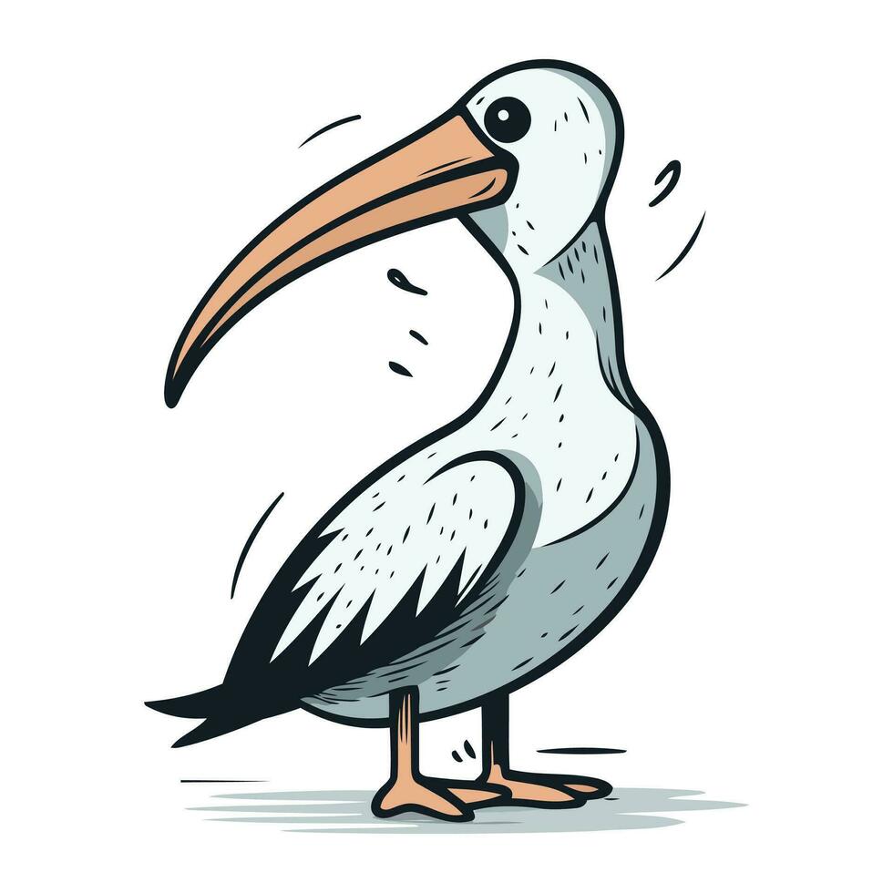 Pelican cartoon isolated on white background. Hand drawn vector illustration.