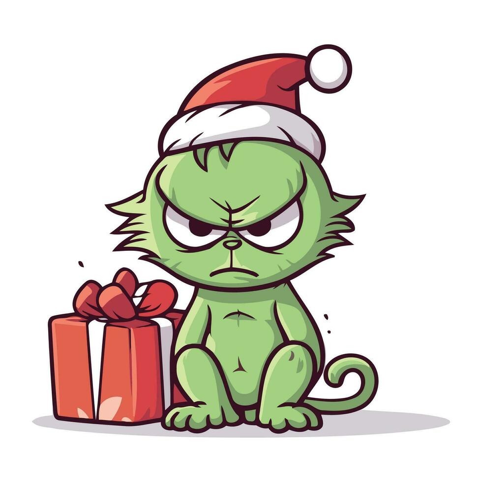 Cute cartoon cat with a christmas gift. Vector illustration.