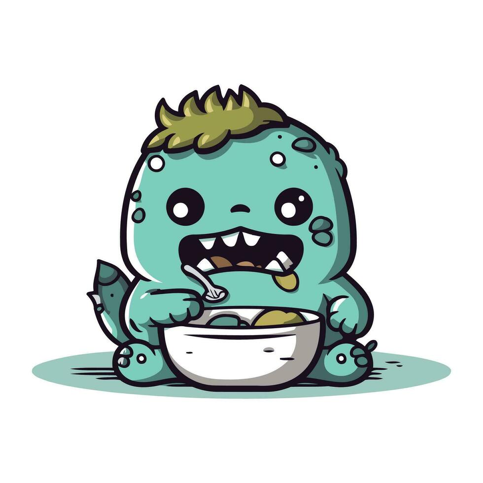 gracioso dibujos animados monstruo comiendo un cuenco de alimento. vector ilustración.