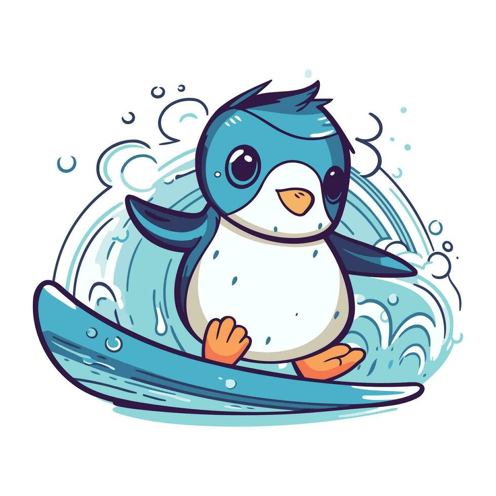 Cute penguin surfing on the wave. Vector cartoon illustration.