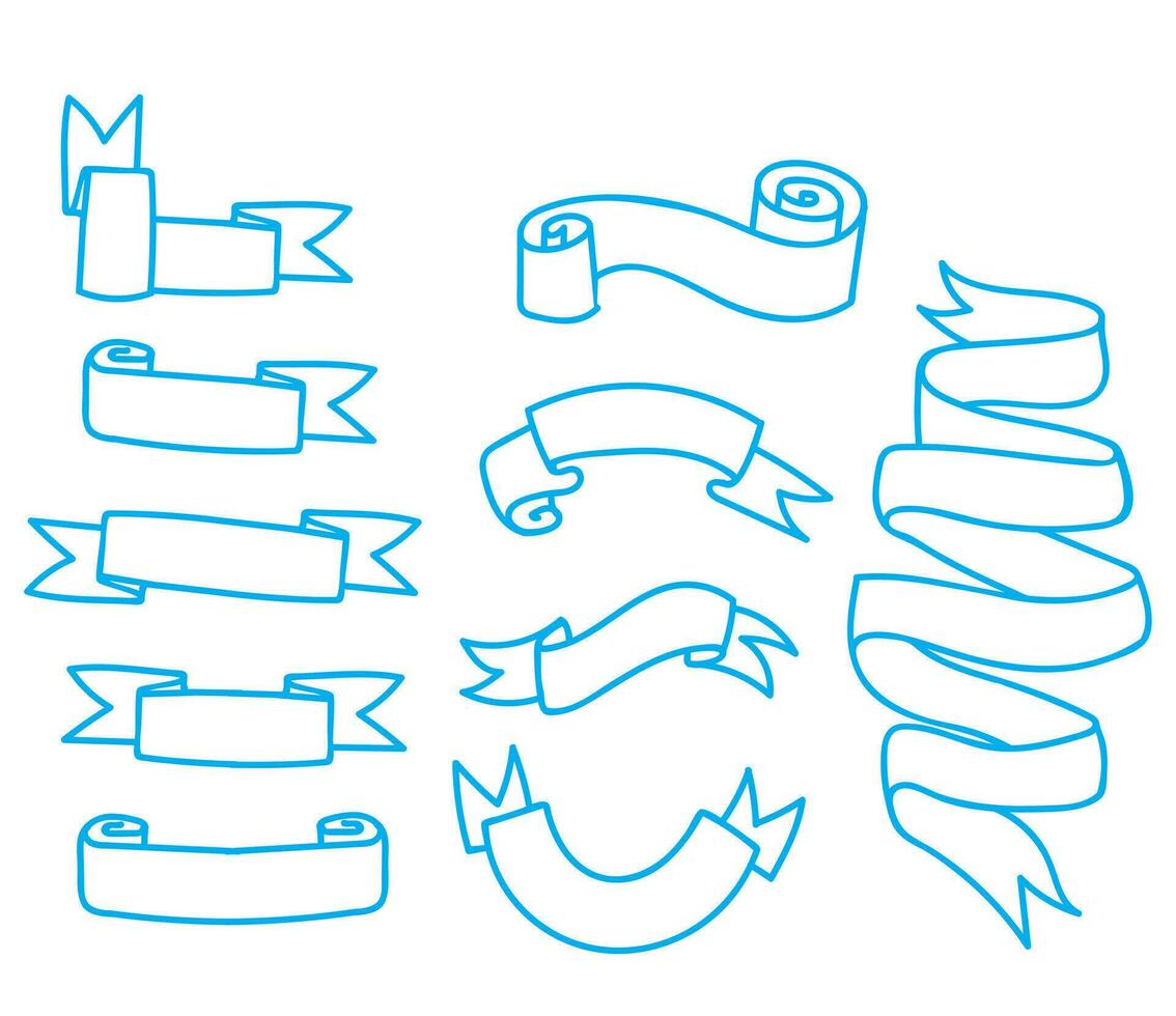 Ribbon thin line icons set. Set of text banner outline signs. Icon of a decorative ribbon in the shape of a banner, an ancient flag, a scroll. Vector linear illustration in doodle style isolated