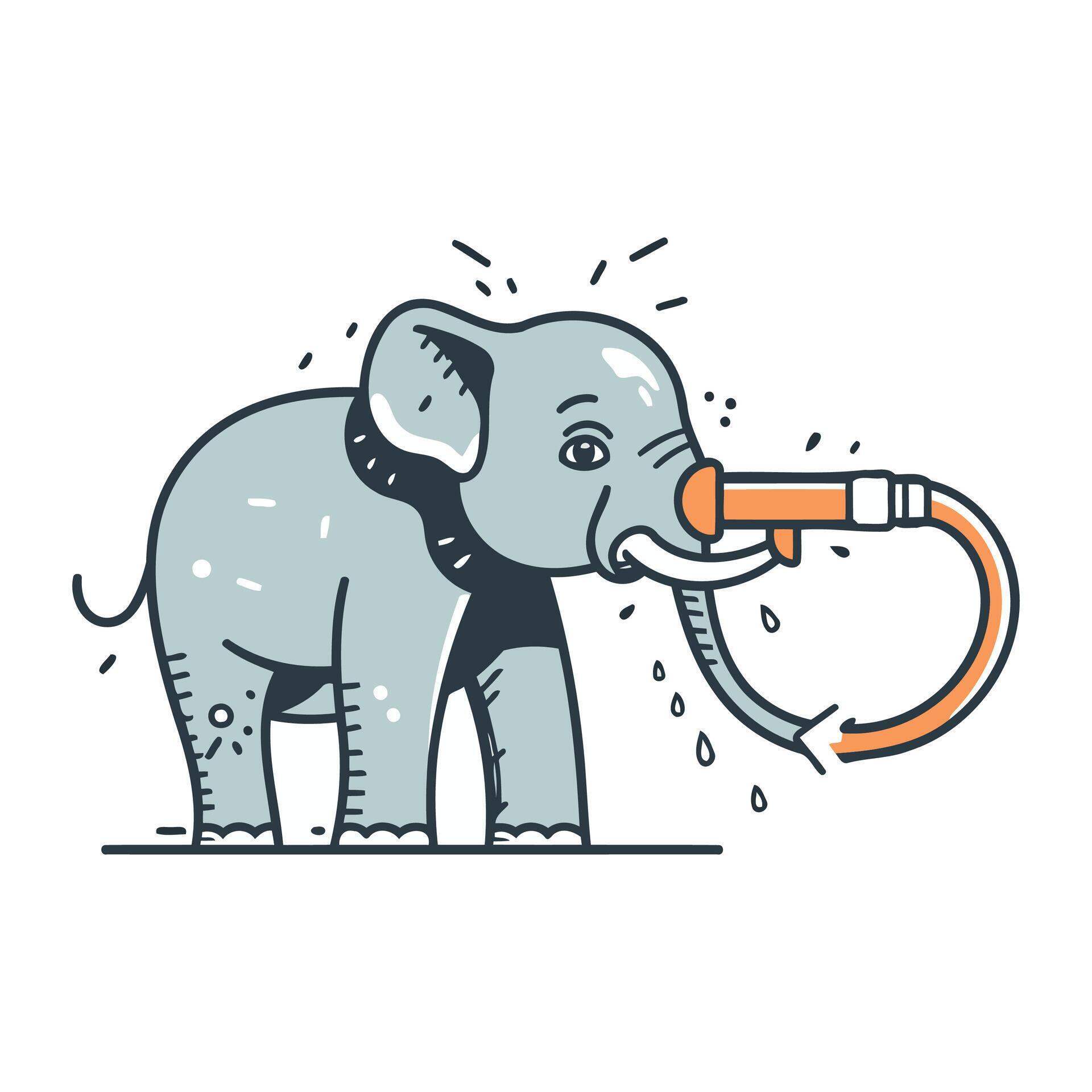 Elephant with water hose. Hand drawn vector illustration in doodle