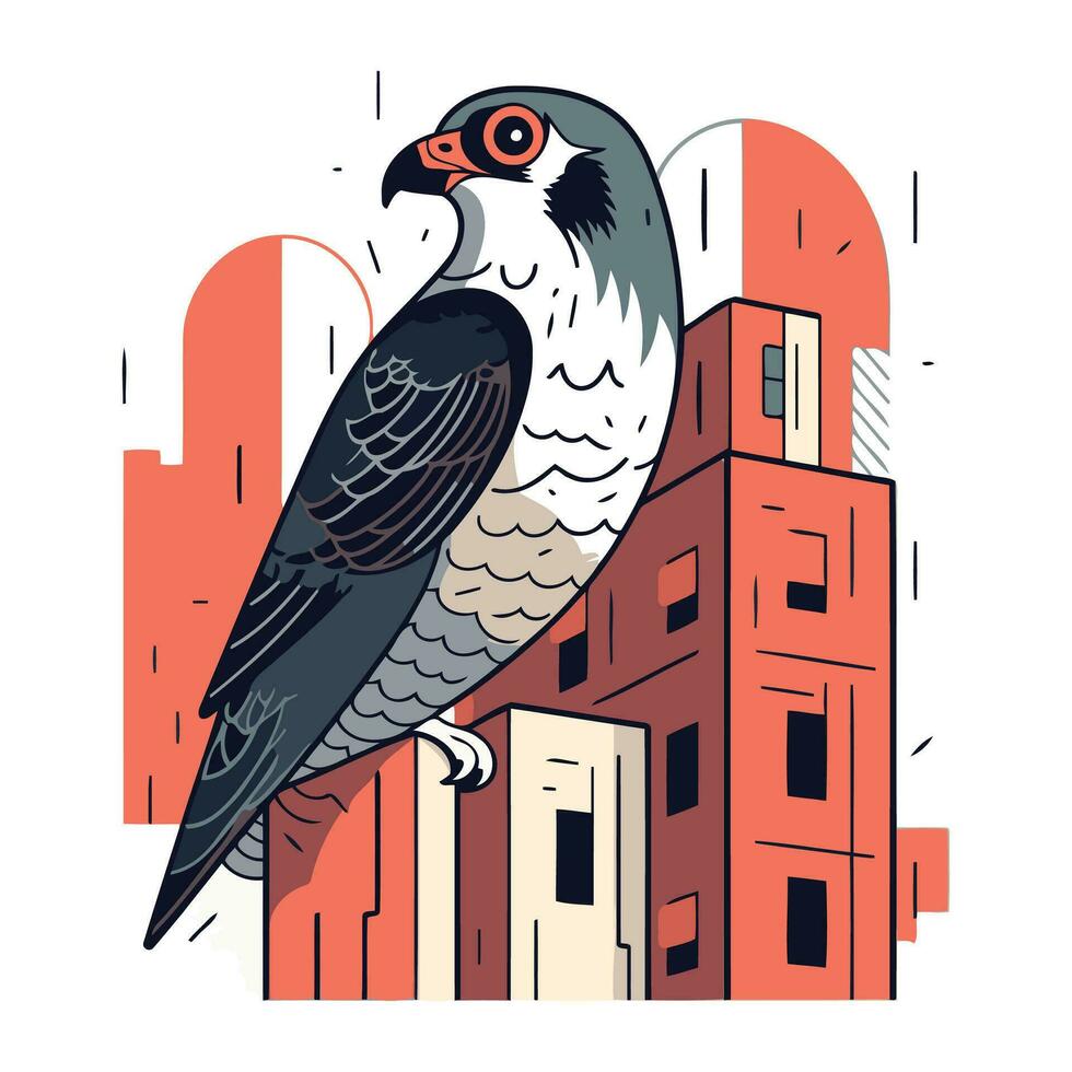 Vector illustration of a bird of prey in the city. Cartoon style.