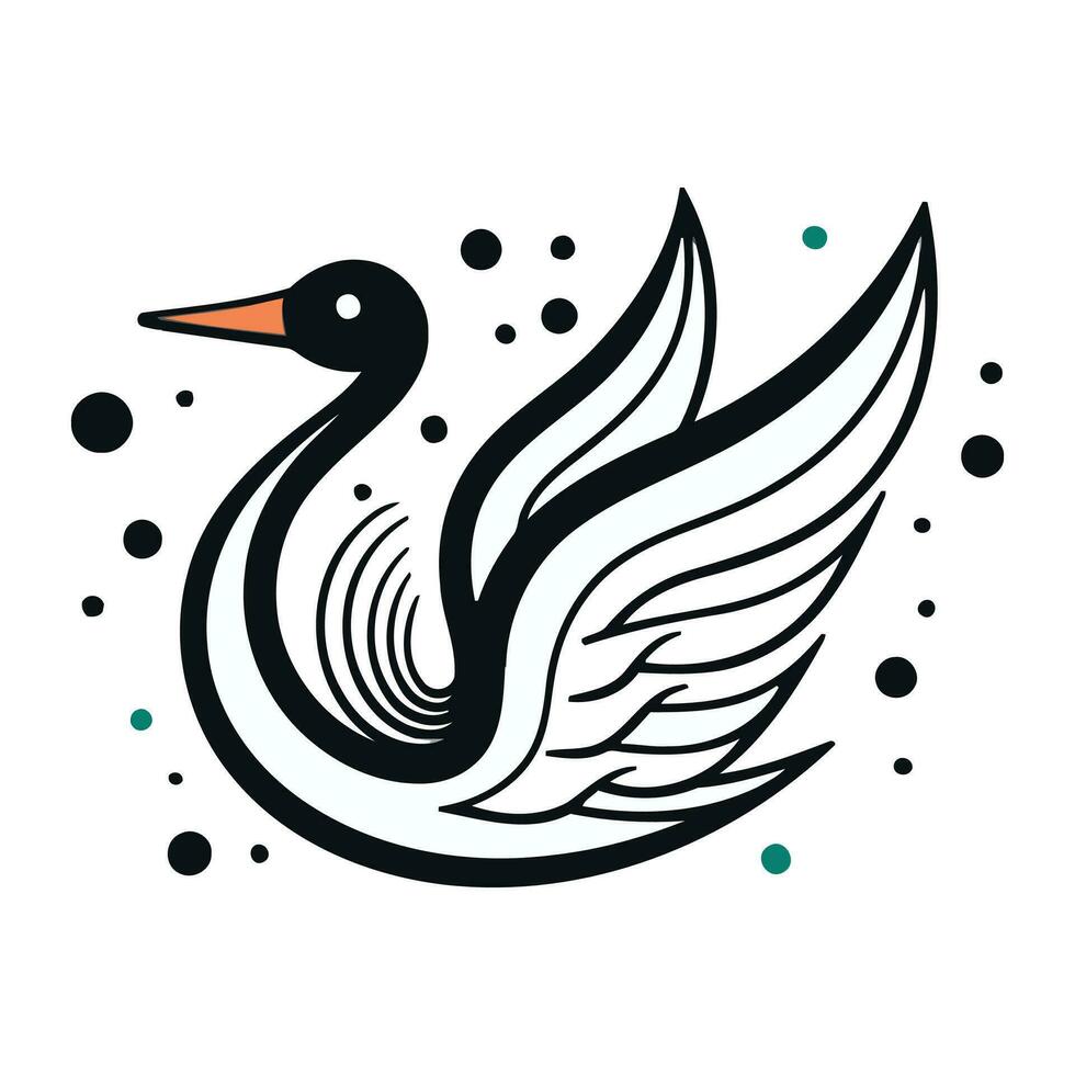 Swan with wings and dots on a white background. Vector illustration