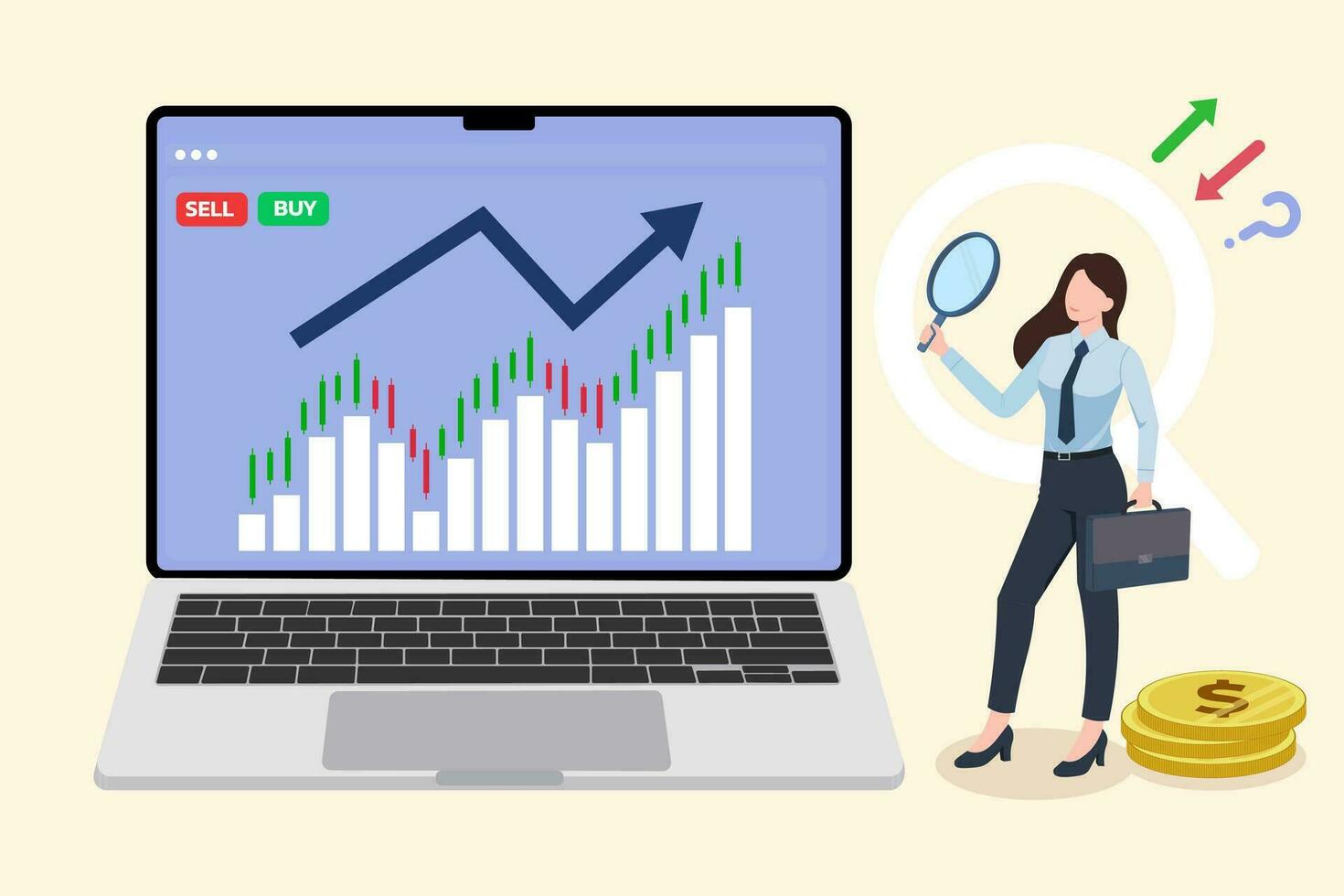 Business woman sell stock by labtop ,Search for business opportunities, Stocks market graph chart on tablet screen, Trading candlestick chart on electronic devices, Global stock exchanges , Forex. vector