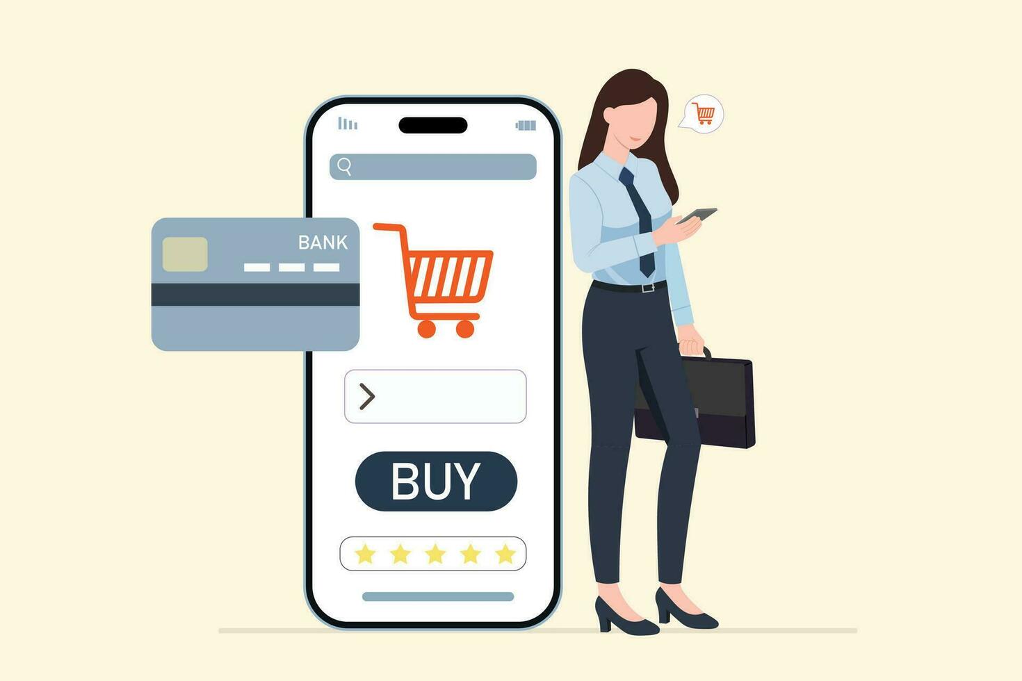 Online shopping.A woman in business attire is shopping online. She is adding products to her cart on a website. She is paying with a credit card. technology vector illustration.