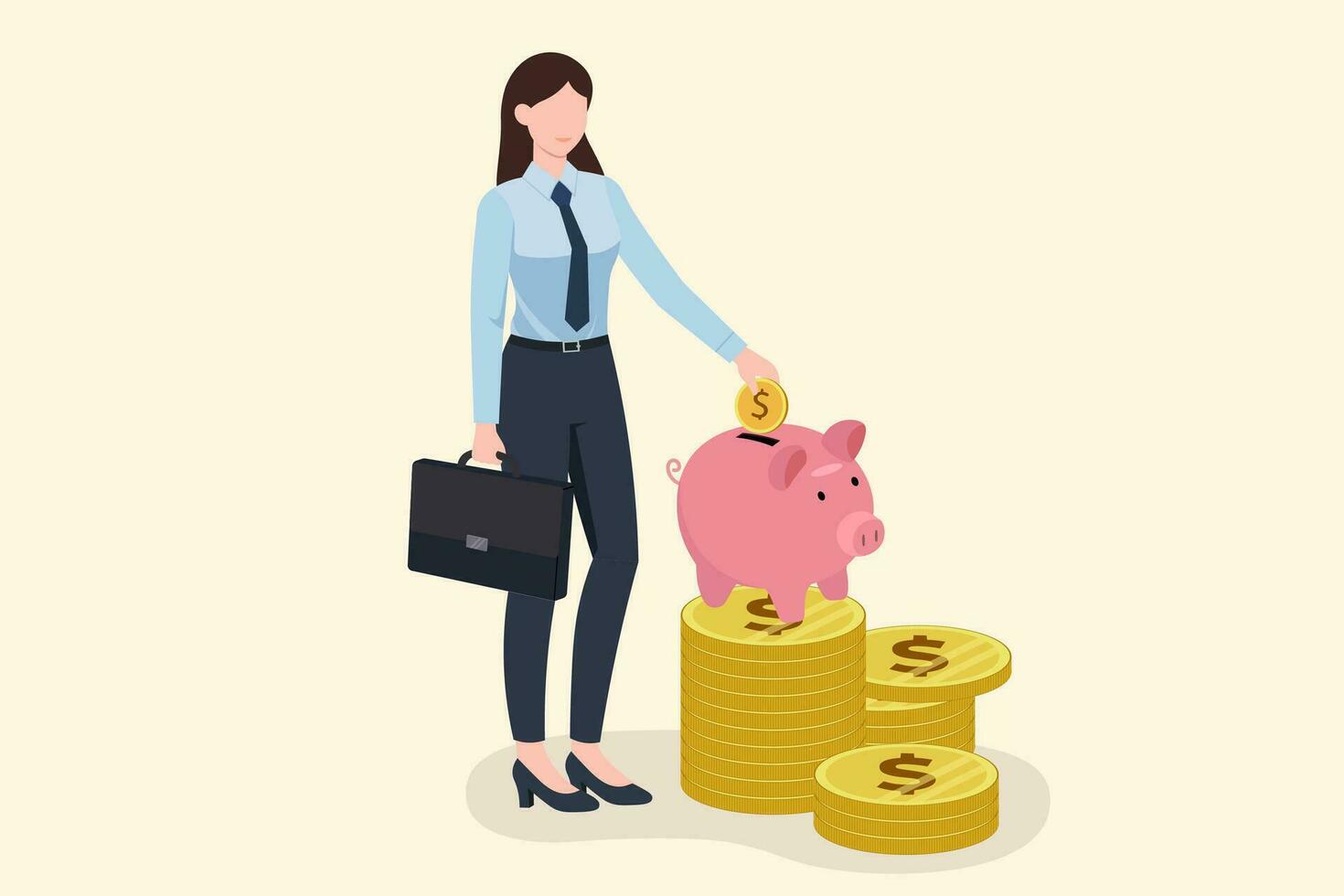 Business woman saves coins. Keeps money in an account, bank deposit. Deposits, economy, investment, bank, pile of coins, Concept, Vector illustration.