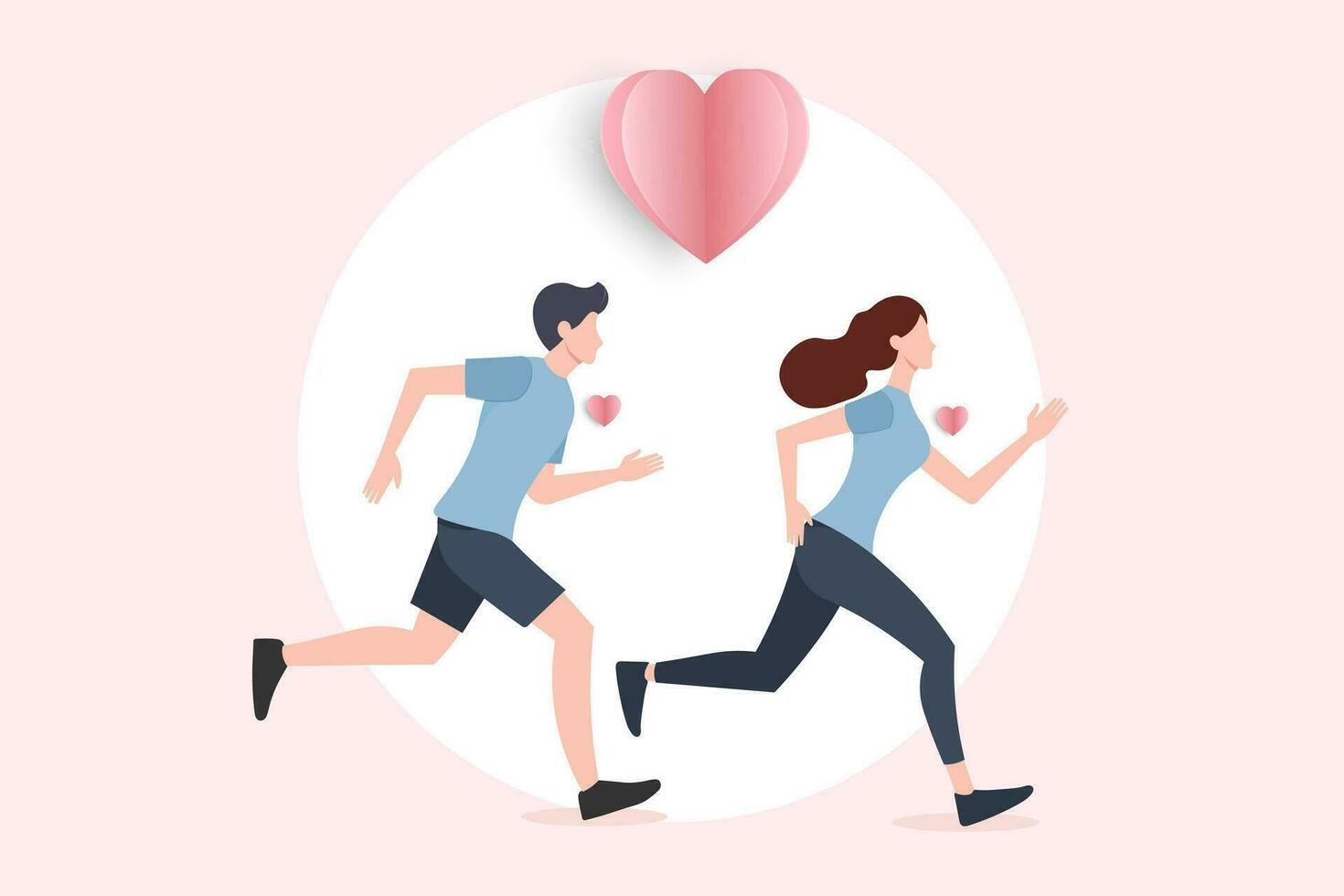 Cute couple in love running exercise with hearts floating, falling in love,love sharing, sweetheart, lover in actions of happiness, on white background. Vector illustration.
