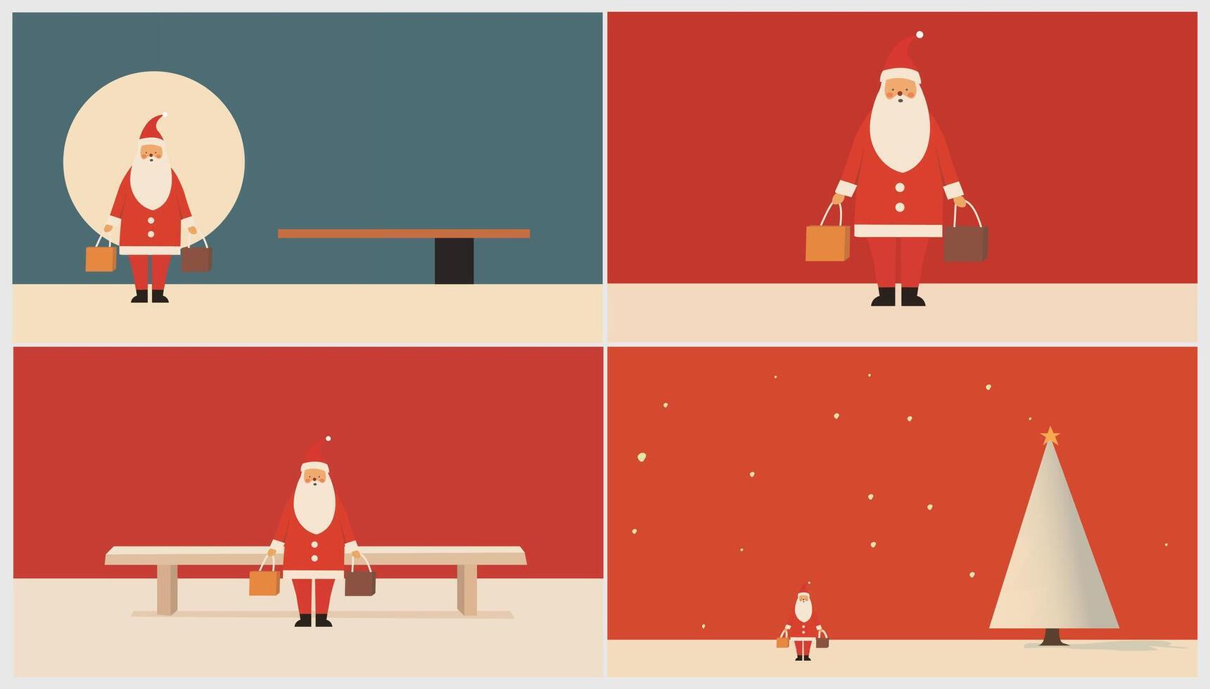 Christmas set with Santa Claus, bench and Christmas tree. Vector illustration