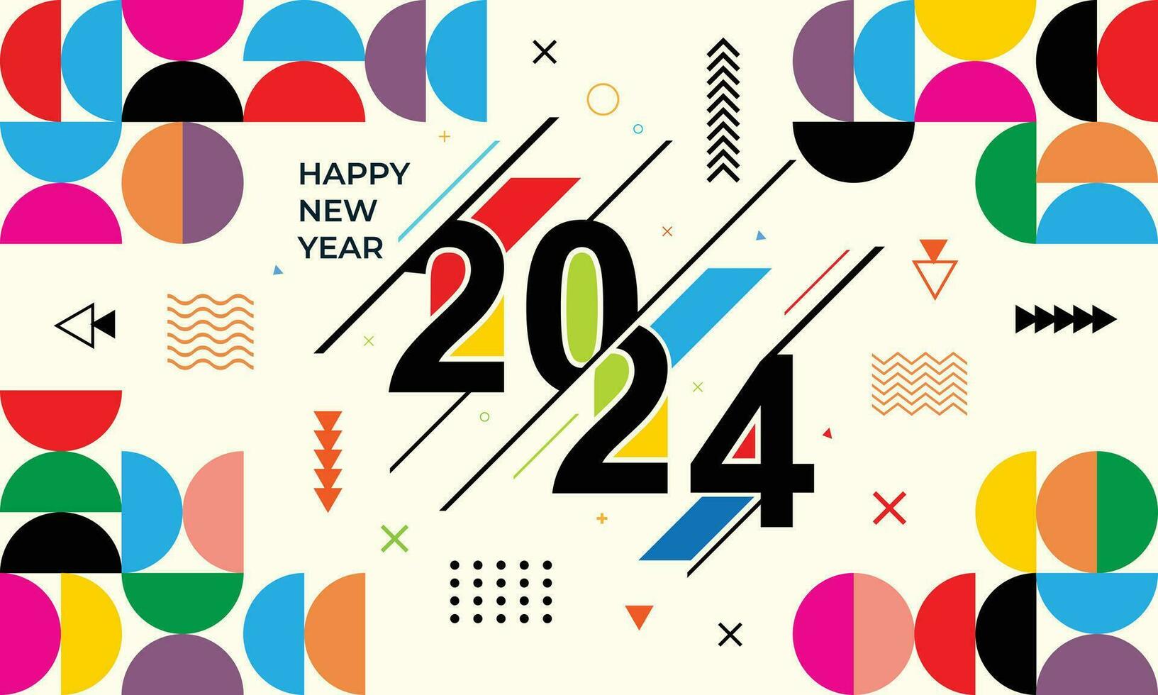 happy new year abstract geometric greeting banner design. new year 2024 minimalist design coloring geometric shape with cream background. perfect for branding, banner, poster, cover, templates. vector
