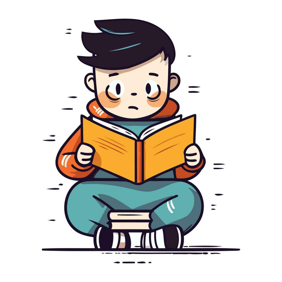 Cute boy reading a book. Vector illustration in cartoon style.