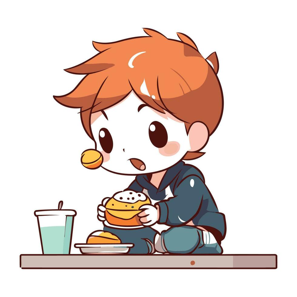chico comiendo hamburguesa y Bebiendo leche. linda dibujos animados ilustración. vector